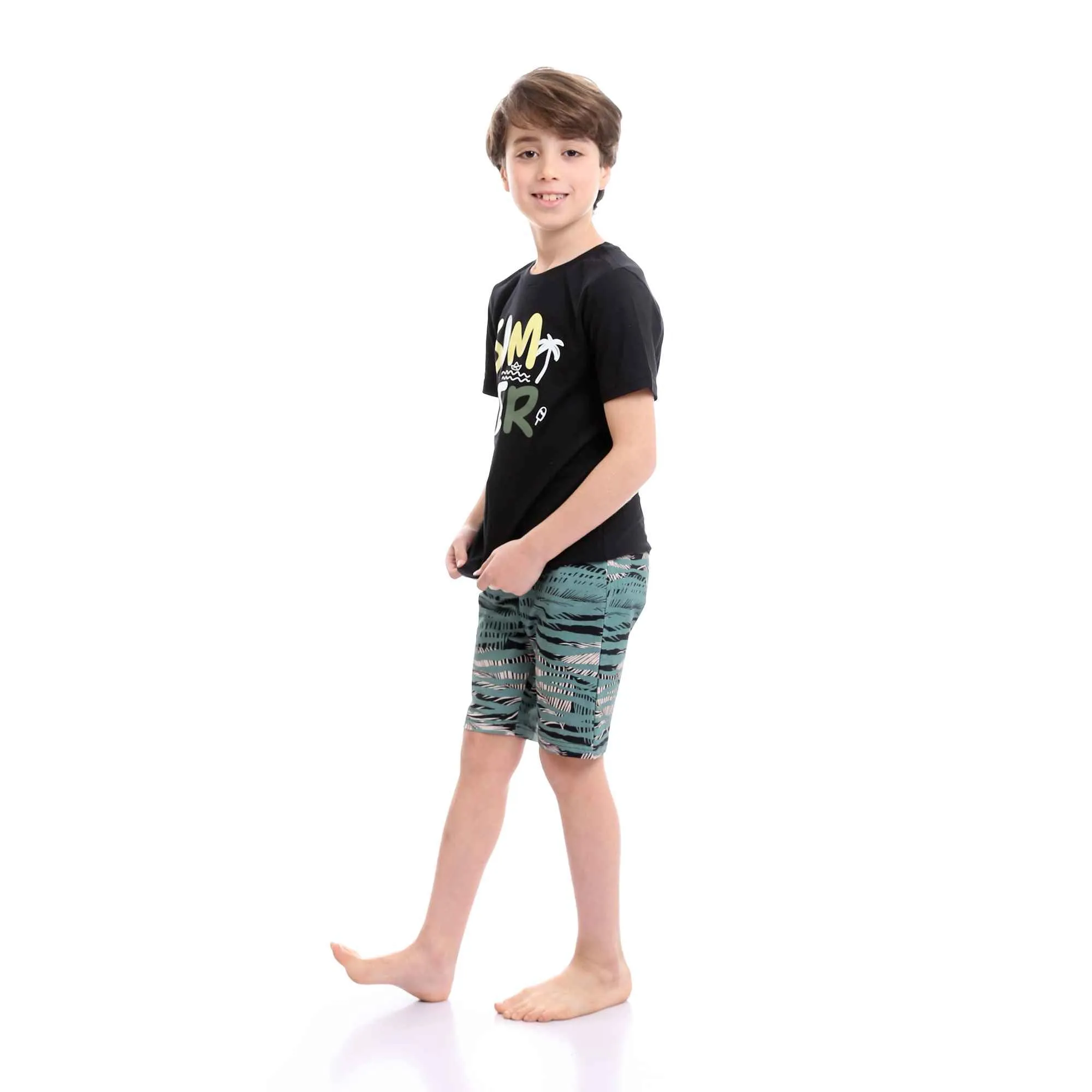 Boys Printed Colorful Summer & Shorts Pajama Set - Black & Mint Green