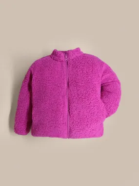 Cherry Crumble Magenta Solid 100% Polyester Full Sleeves High Neck Casual Wear Easy Fit Winter Sherpa Jacket For Girls