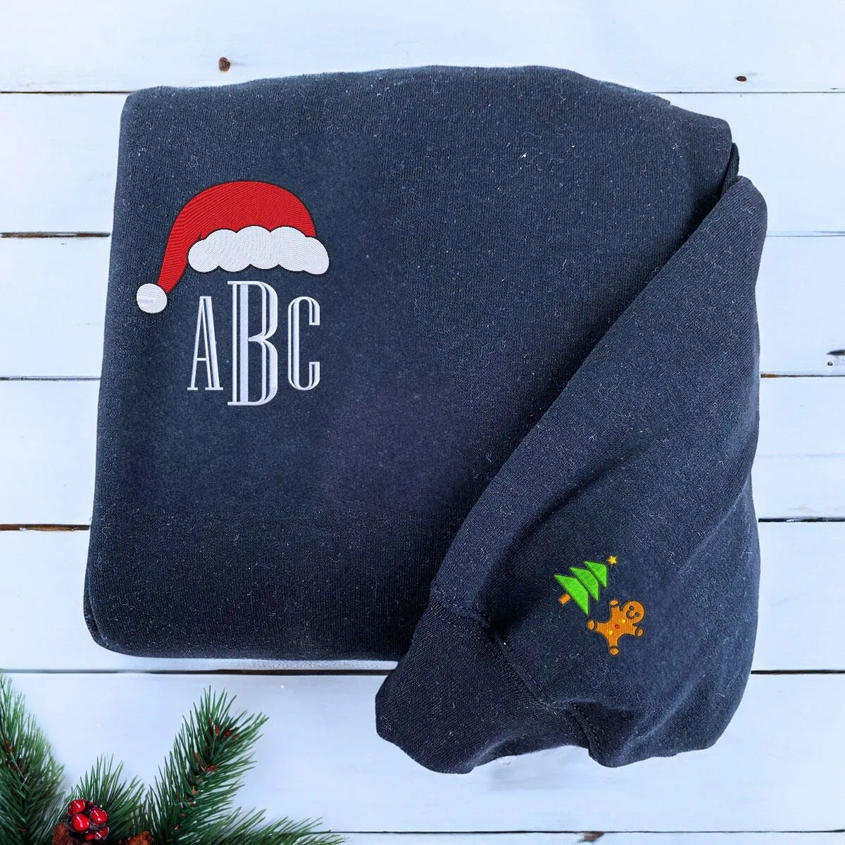 Custom Christmas Monogram Text with Santa Hat Sweatshirt or Hoodie, Embroidered Christmas Gift