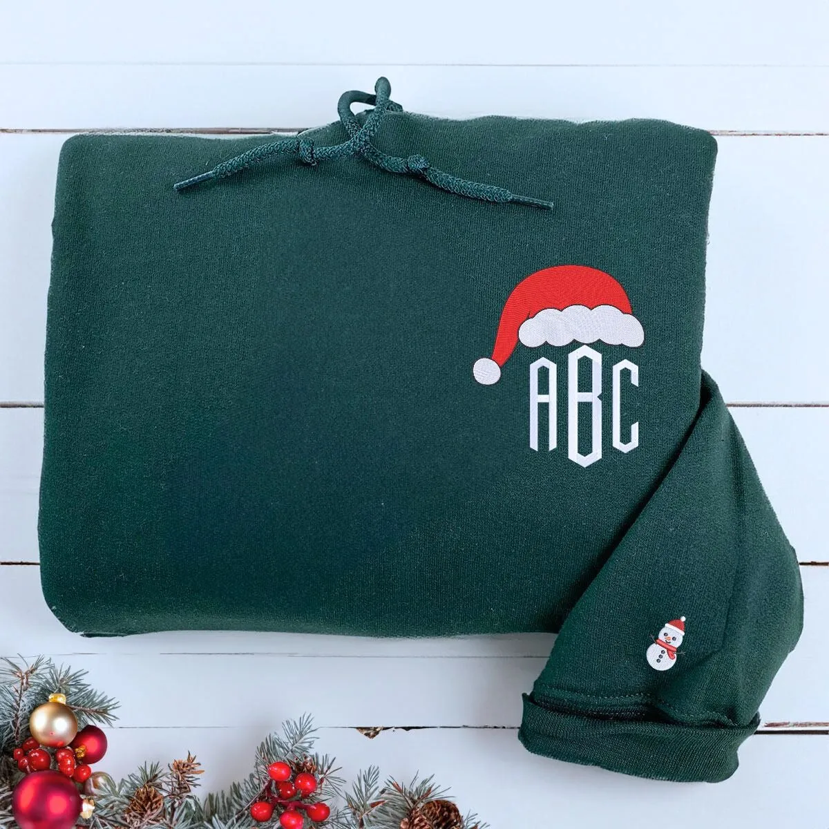 Custom Christmas Monogram Text with Santa Hat Sweatshirt or Hoodie, Embroidered Christmas Gift