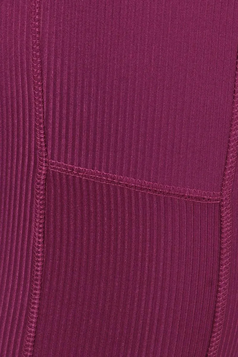 High Waist Rib Knit Leggings With Side Pockets - Magenta