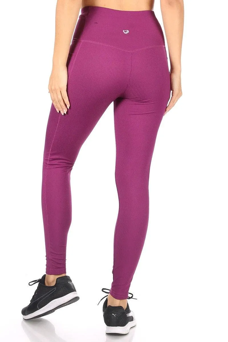 High Waist Rib Knit Leggings With Side Pockets - Magenta