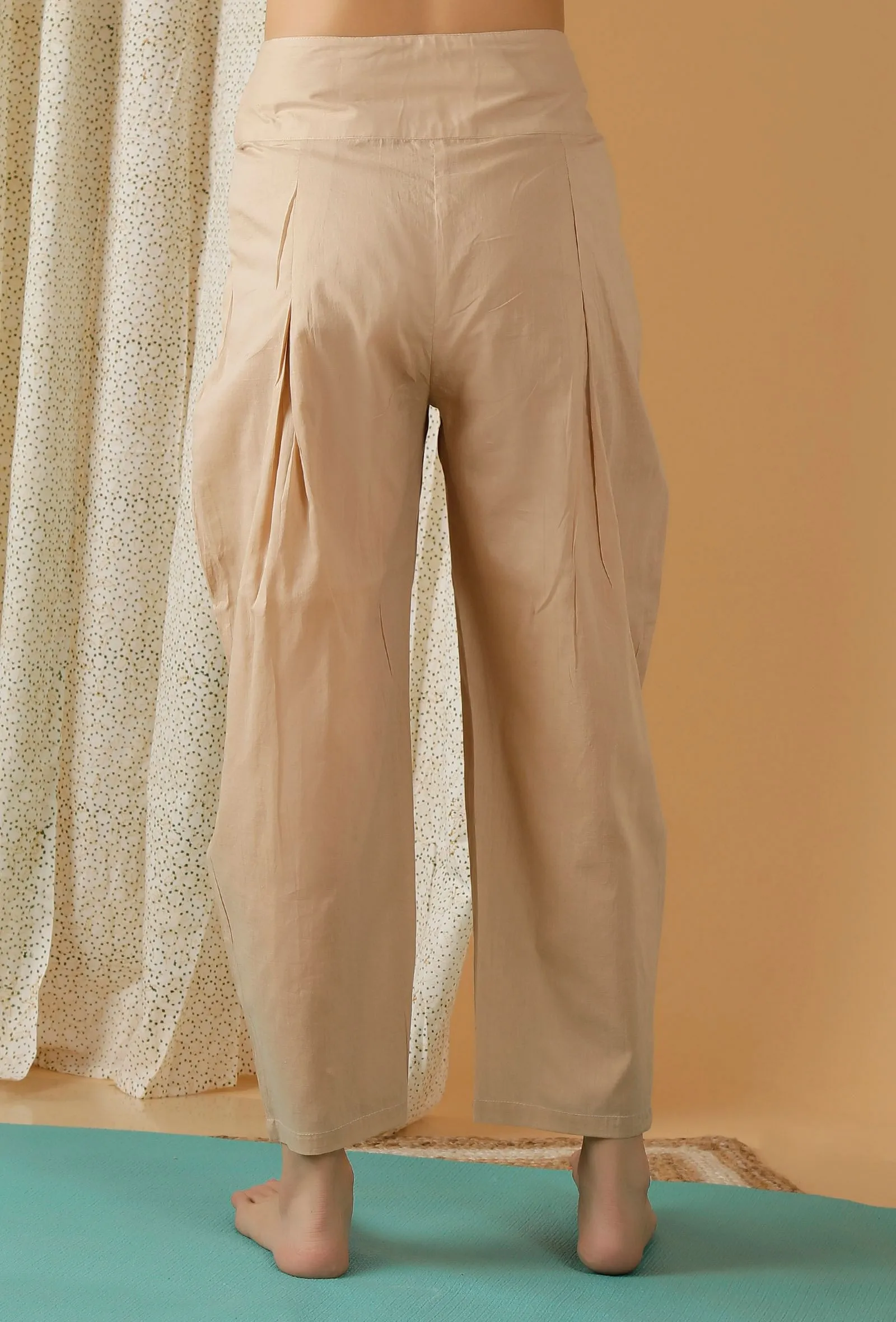 Mulmul Cotton Solid Beige Pleated Harem Pants