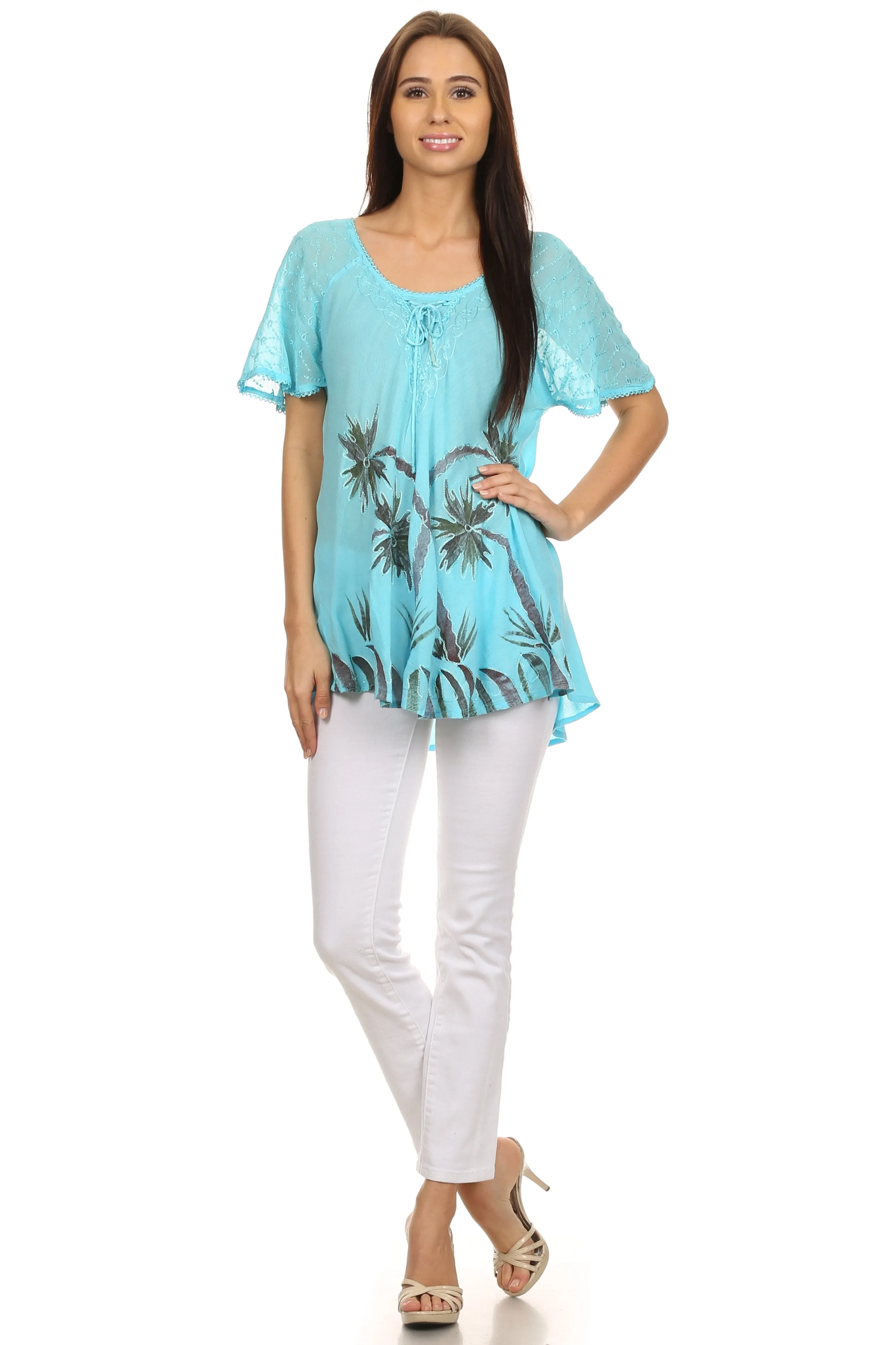 Sakkas Albina Island Relaxed Fit Embroidery Cap Sleeves Blouse / Top