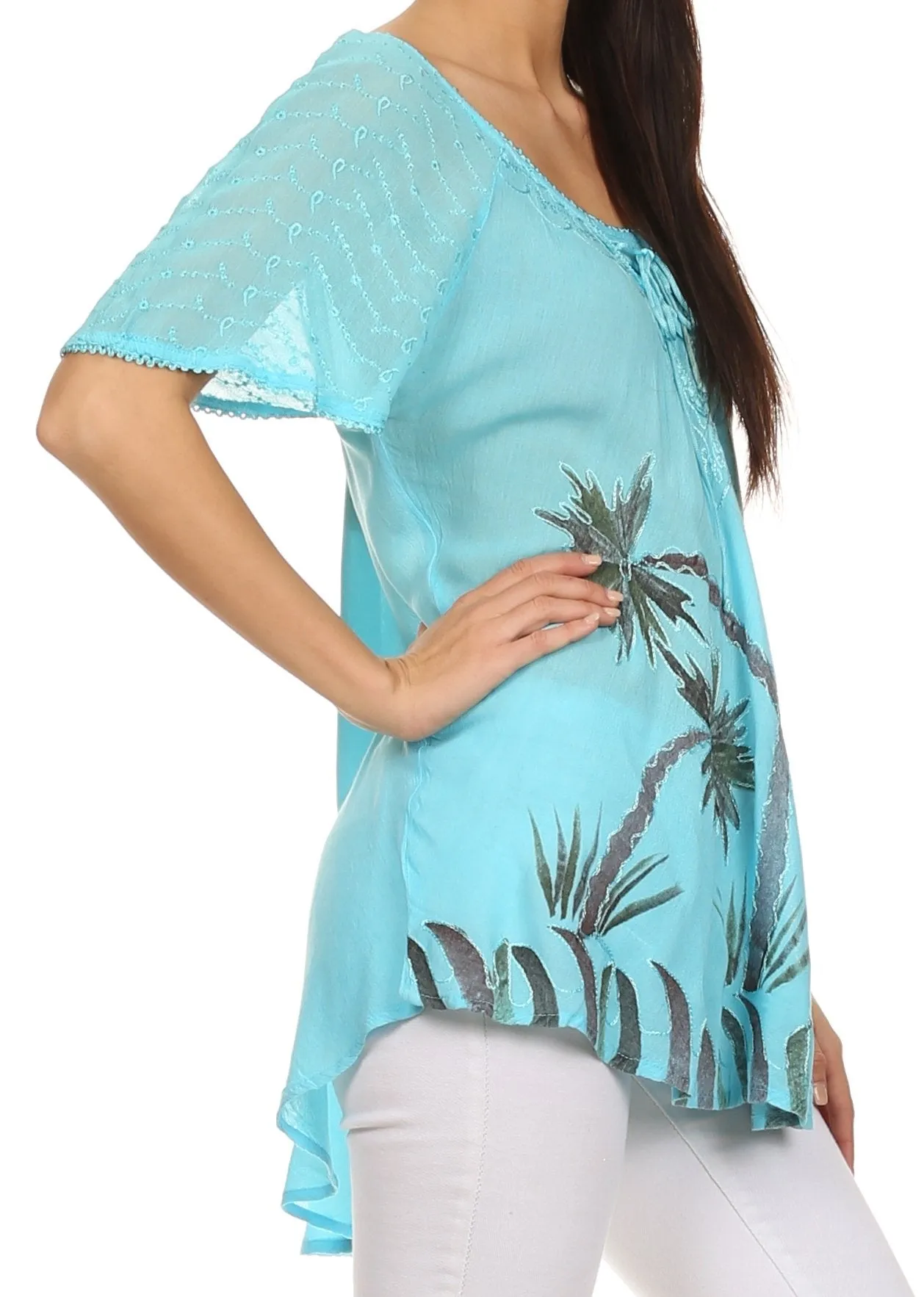 Sakkas Albina Island Relaxed Fit Embroidery Cap Sleeves Blouse / Top