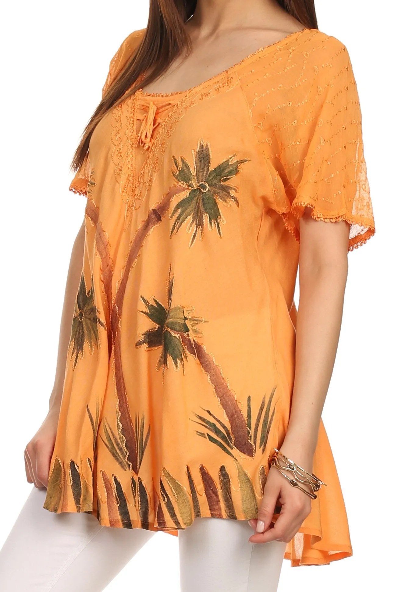 Sakkas Albina Island Relaxed Fit Embroidery Cap Sleeves Blouse / Top