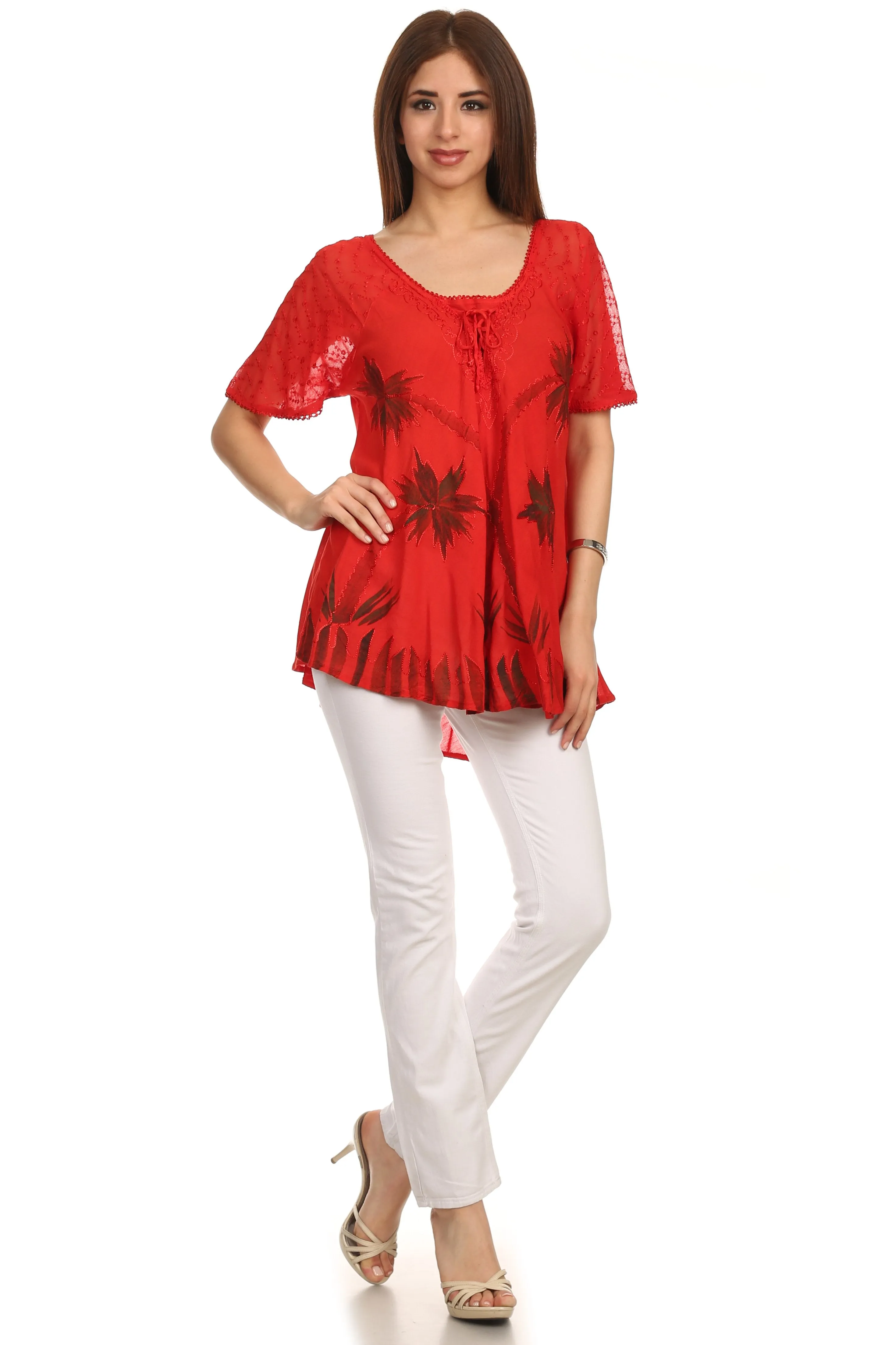 Sakkas Albina Island Relaxed Fit Embroidery Cap Sleeves Blouse / Top