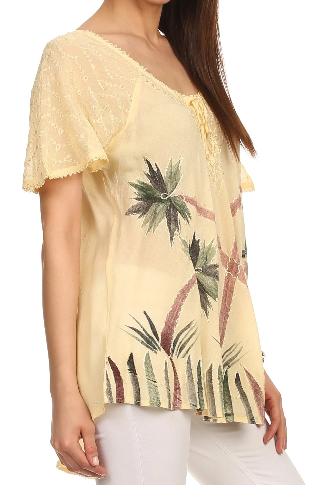 Sakkas Albina Island Relaxed Fit Embroidery Cap Sleeves Blouse / Top