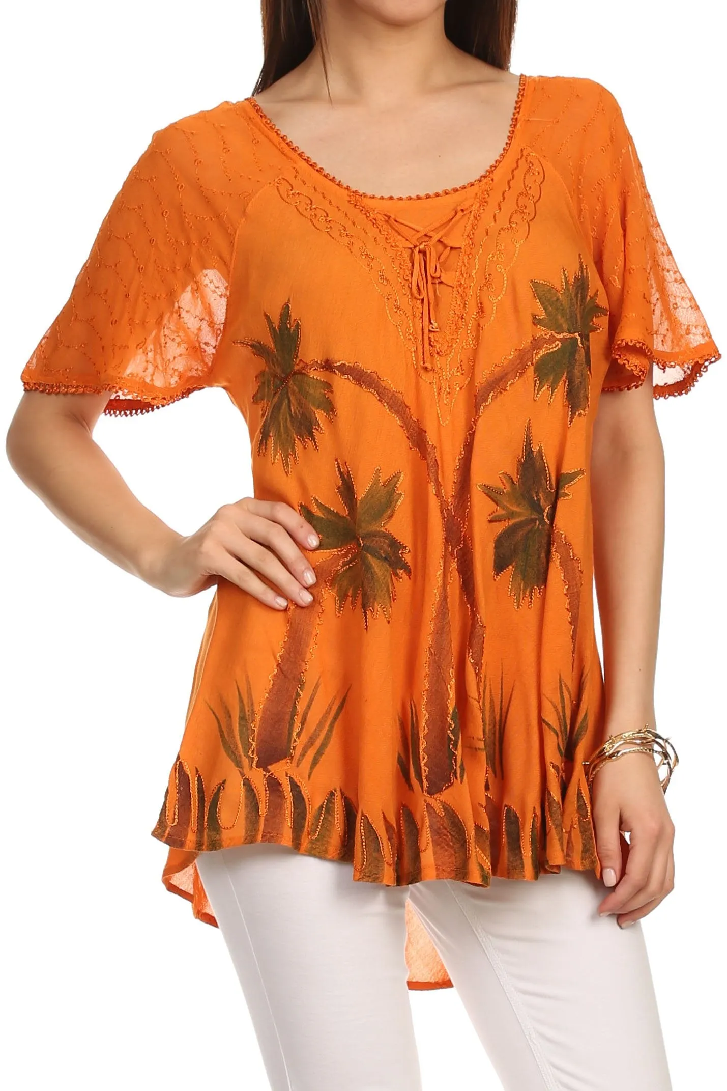 Sakkas Albina Island Relaxed Fit Embroidery Cap Sleeves Blouse / Top