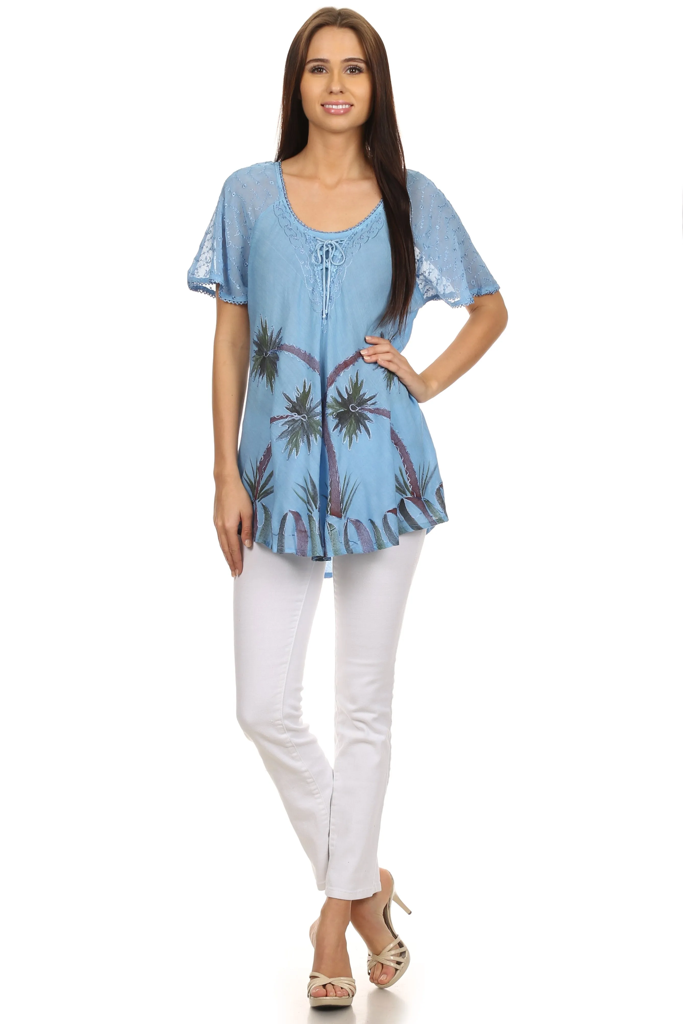 Sakkas Albina Island Relaxed Fit Embroidery Cap Sleeves Blouse / Top