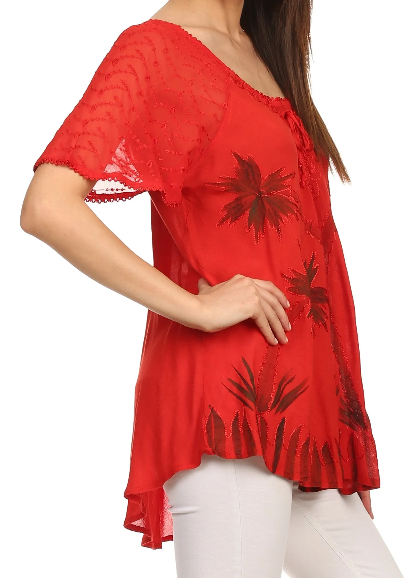 Sakkas Albina Island Relaxed Fit Embroidery Cap Sleeves Blouse / Top