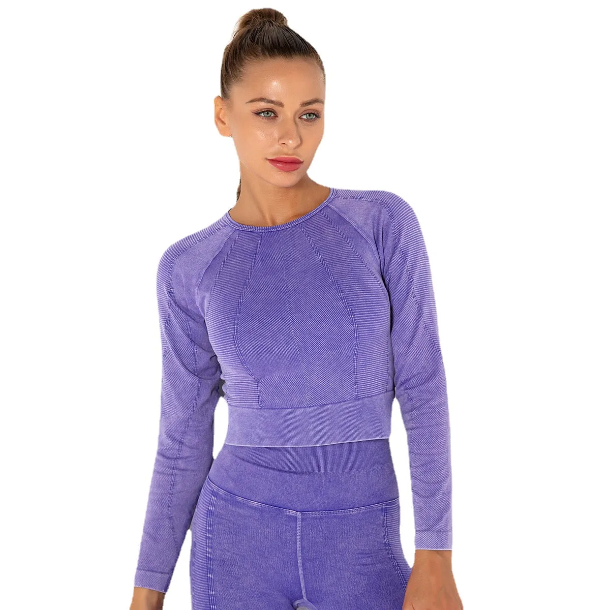 Seamless Washed Yoga Clothes Sports Running Fitness Pants Tight High Elastic Long Sleeve Yoga Three-Piece Suit