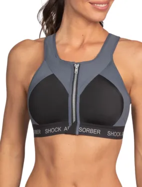 Shock Absorber Infinity Power Bra, Black & Silver | Black Non Wired Sports Bras | Zip Front Sports Bras