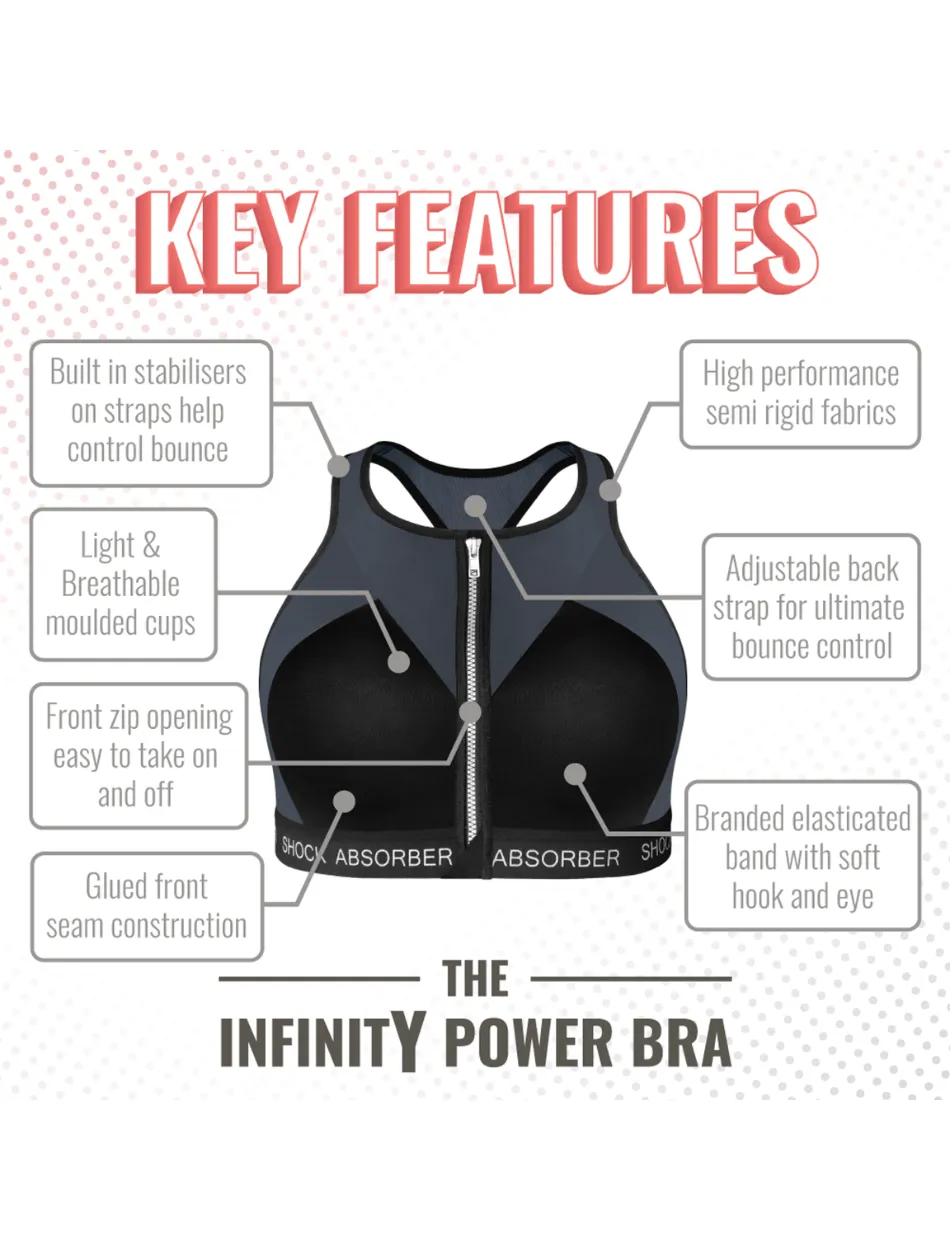 Shock Absorber Infinity Power Bra, Black & Silver | Black Non Wired Sports Bras | Zip Front Sports Bras